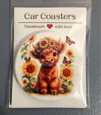 Highland Cow Sunflowers And Butterflies Ceramic Car Coaster