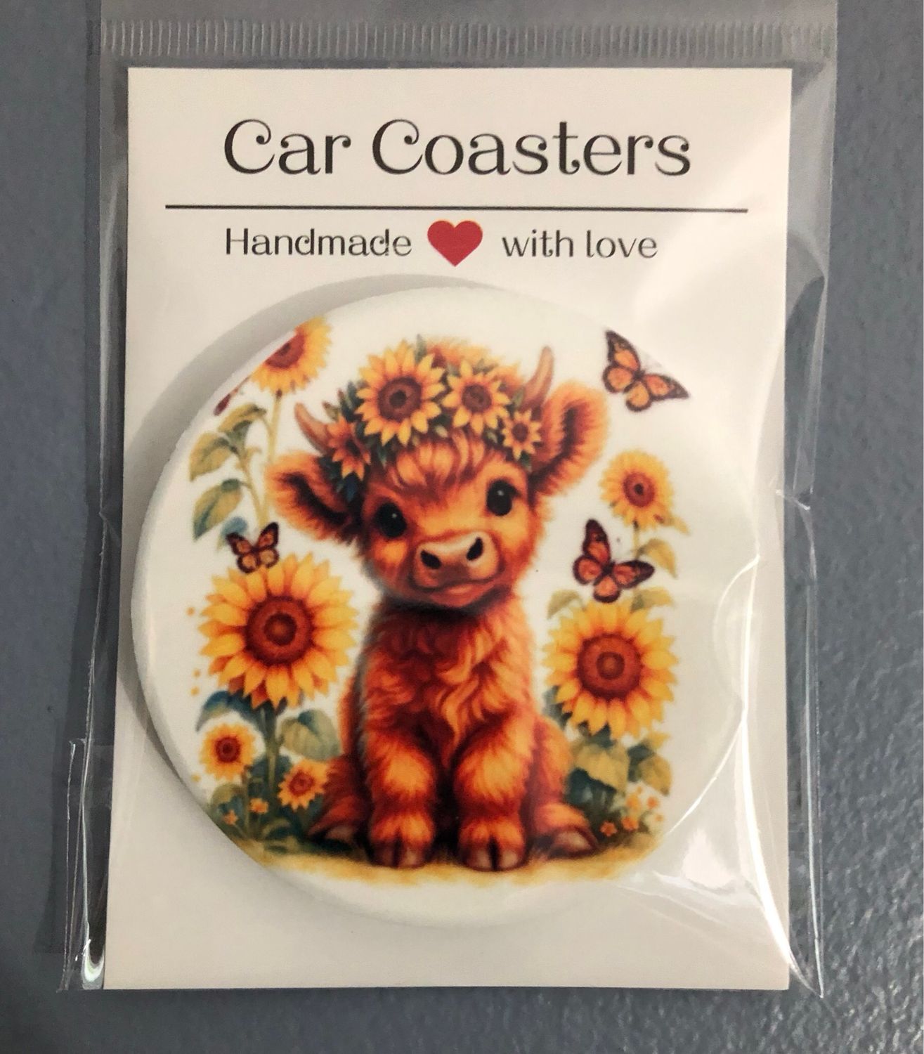 Highland Cow Sunflowers And Butterflies Ceramic Car Coaster