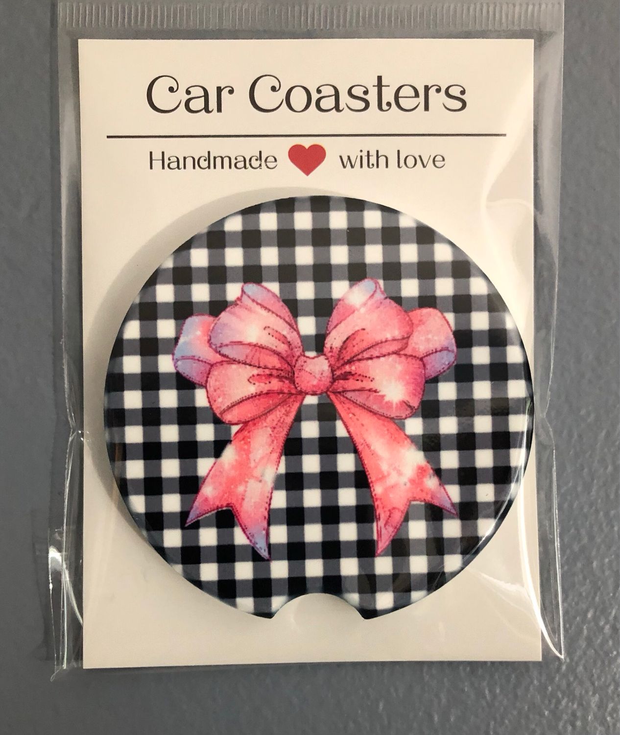 Pink Bow With Check Background Ceramic Car Coaster