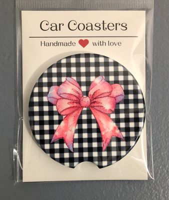 Pink Bow With Check Background Ceramic Car Coaster