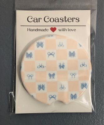 Blue Bows With Cream Ceramic Car Coaster