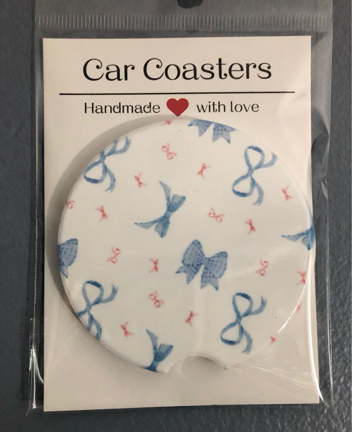 Blue Bows With Small Pink Bows Ceramic Car Coaster