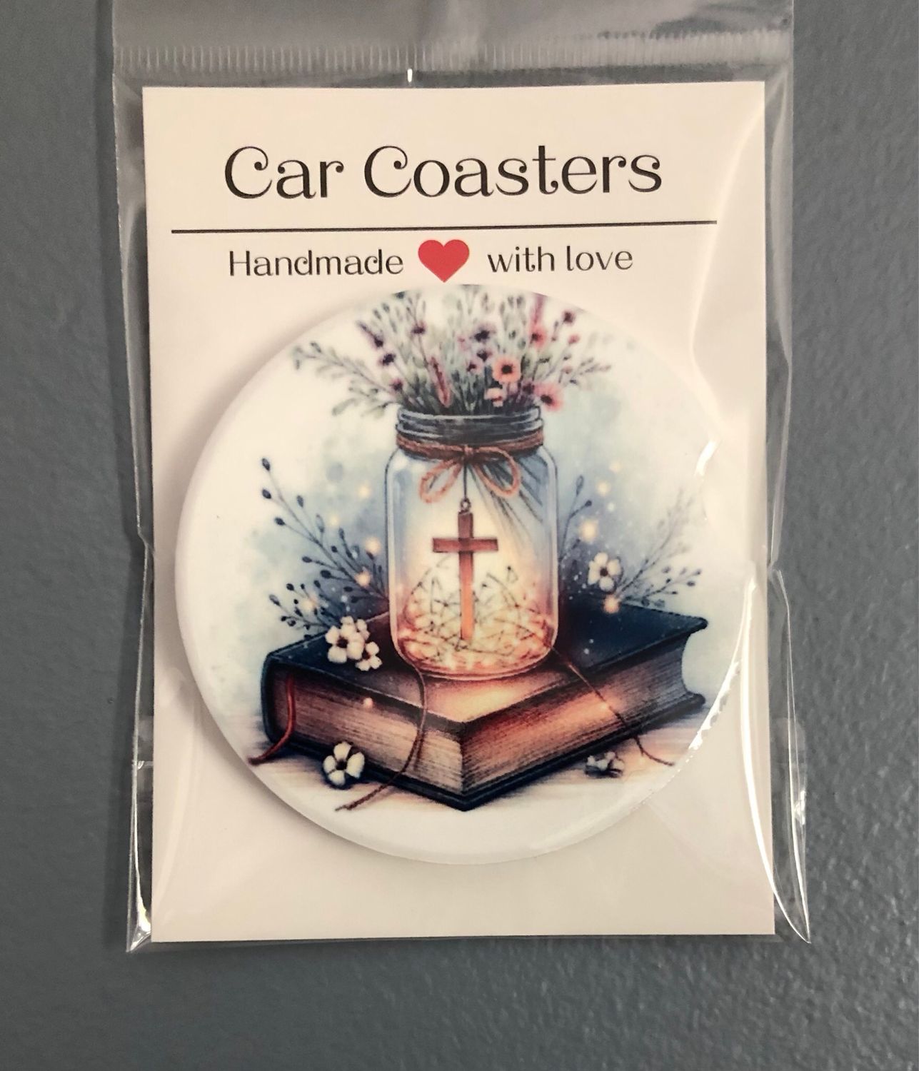 Mason Jar Cross Bible Ceramic Car Coaster