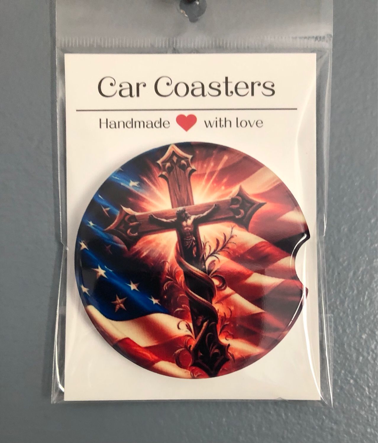 Jesus On The Cross With US Flag In Background Ceramic Car Coaster