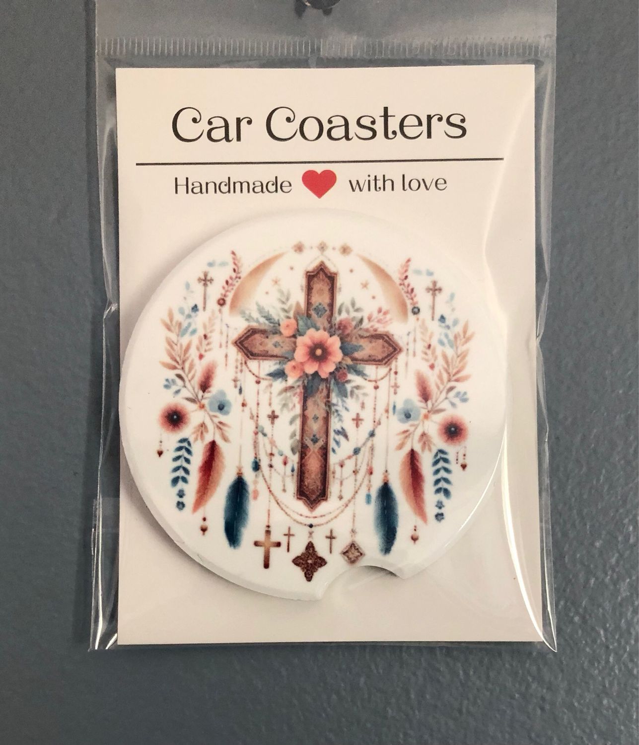 Cross With Feathers Ceramic Car Coaster