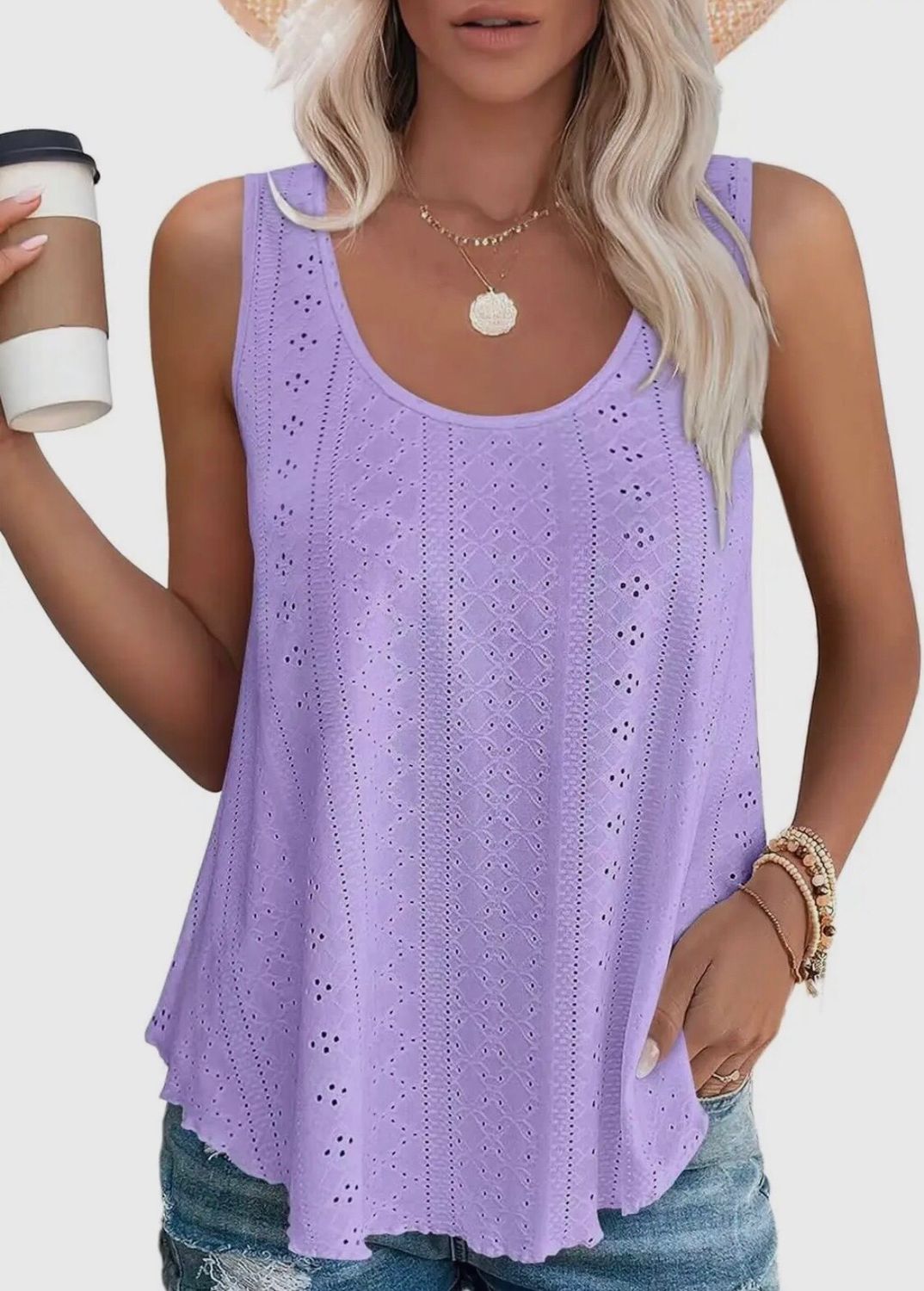 Women&#39;s Summer Loose Fit Round Neck Sleeveless Vest Top - 65%Rayon+30%Polyester+5%Spandex
