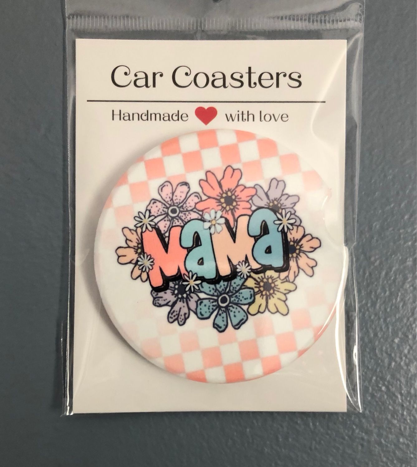 Mama Check And Flowers Ceramic Car Coaster