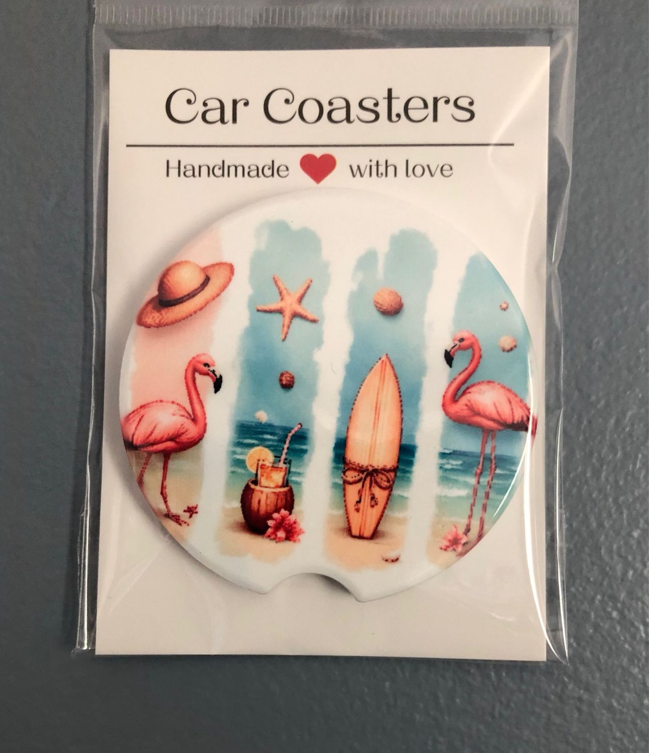 Flamingo Surfboard Ceramic Car Coaster