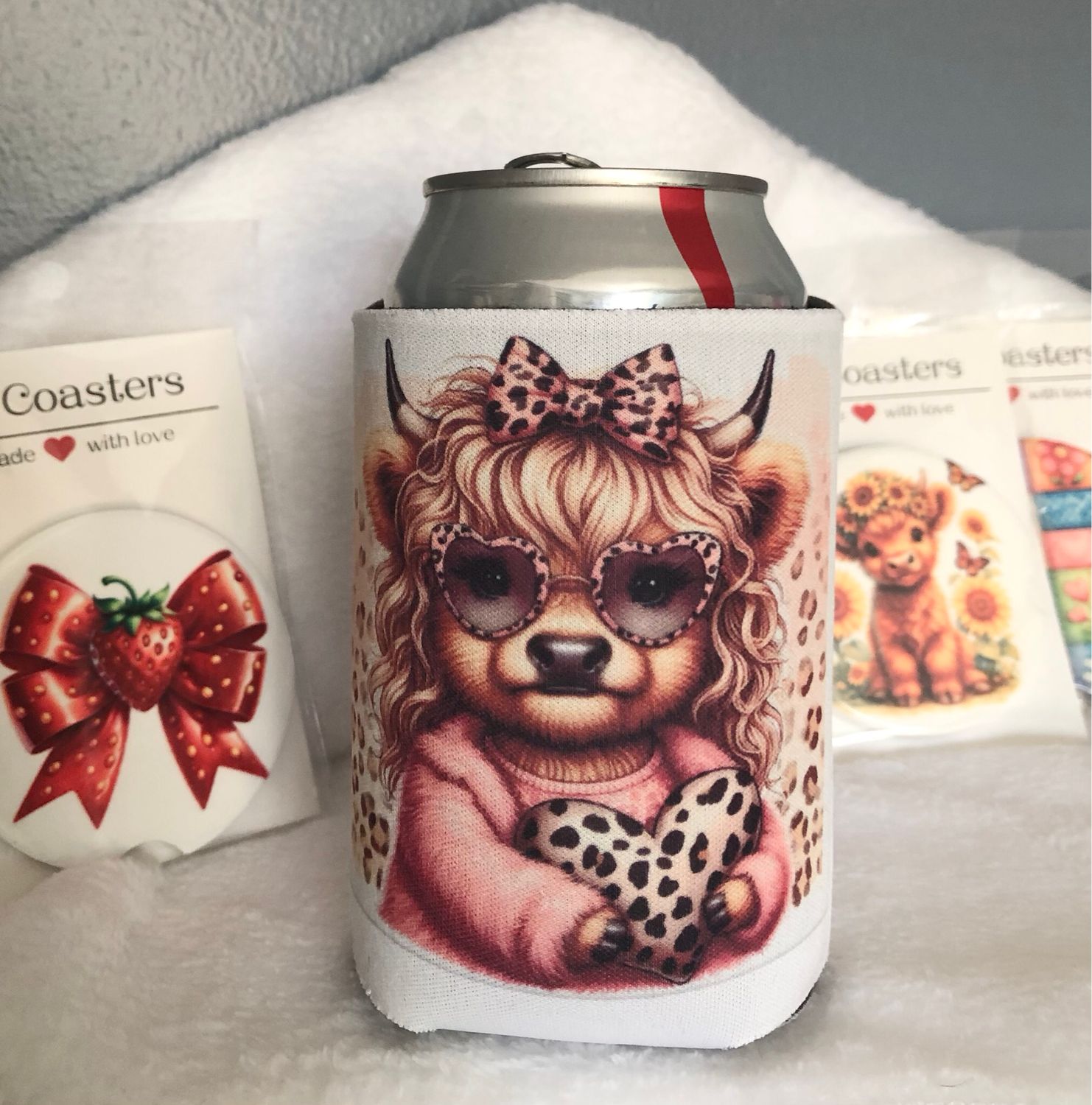 Pink Cow With Leopard Print Heart 12 oz Koozie