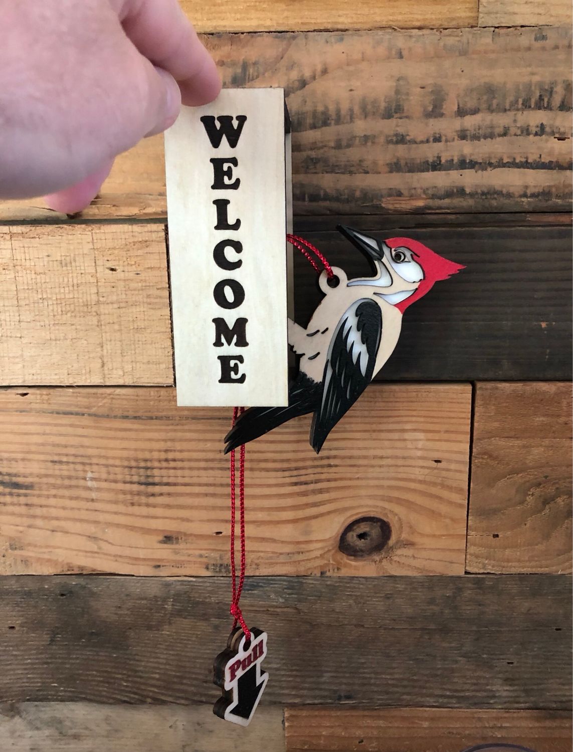 Welcome Wood Box With Knocking Woodpecker