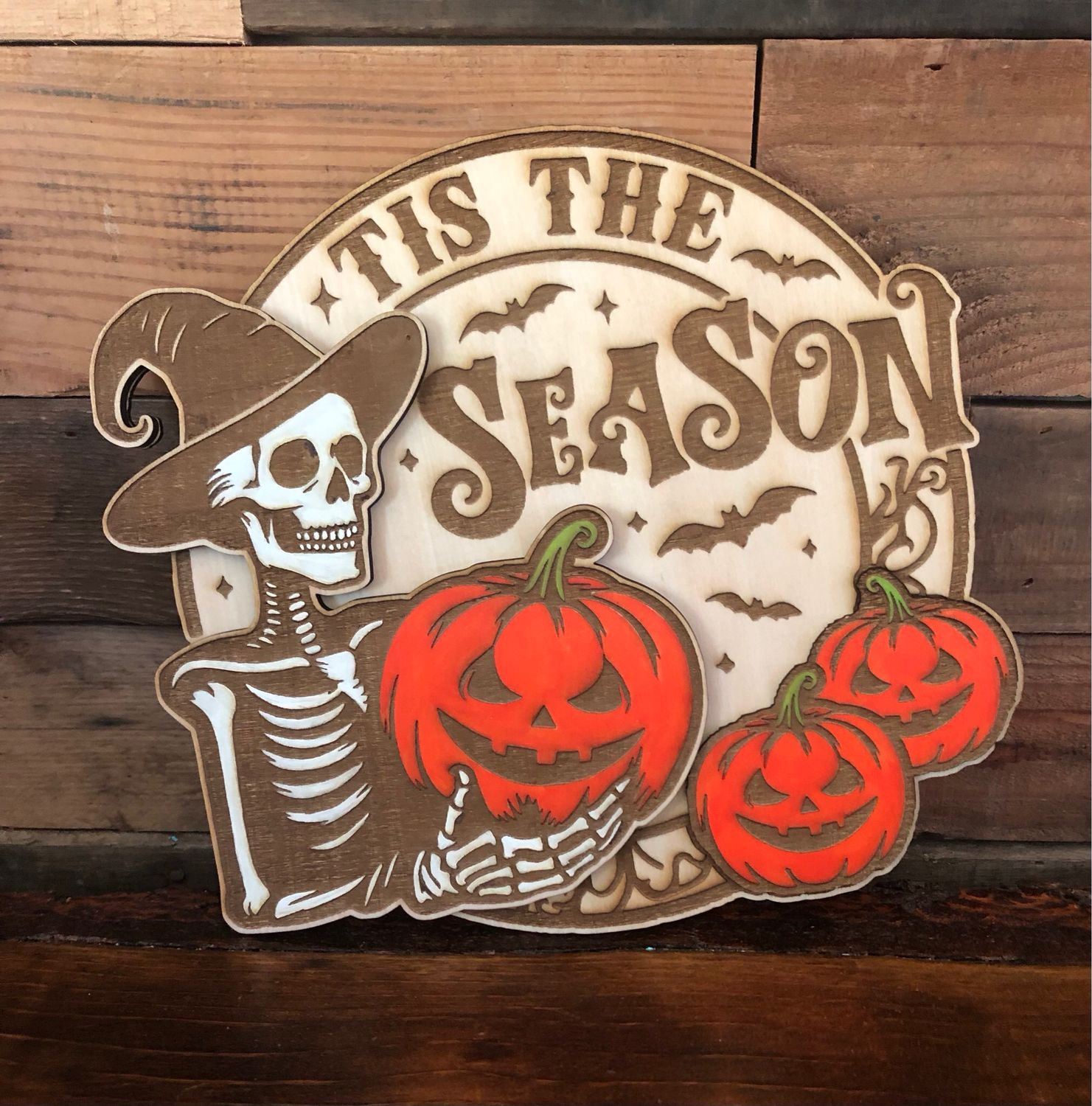 Wood Sign - Skeleton &amp; Pumpkins