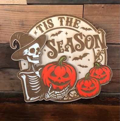 Wood Sign - Skeleton &amp; Pumpkins