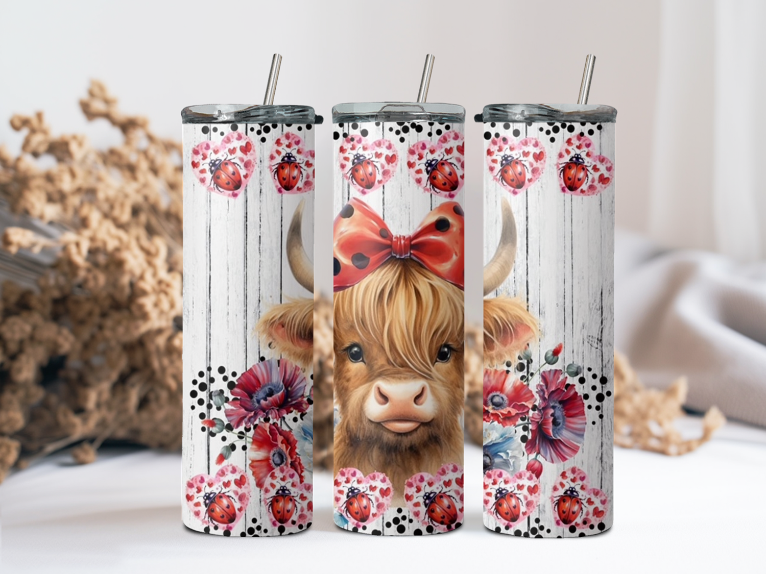 Highland Cow with Ladybugs