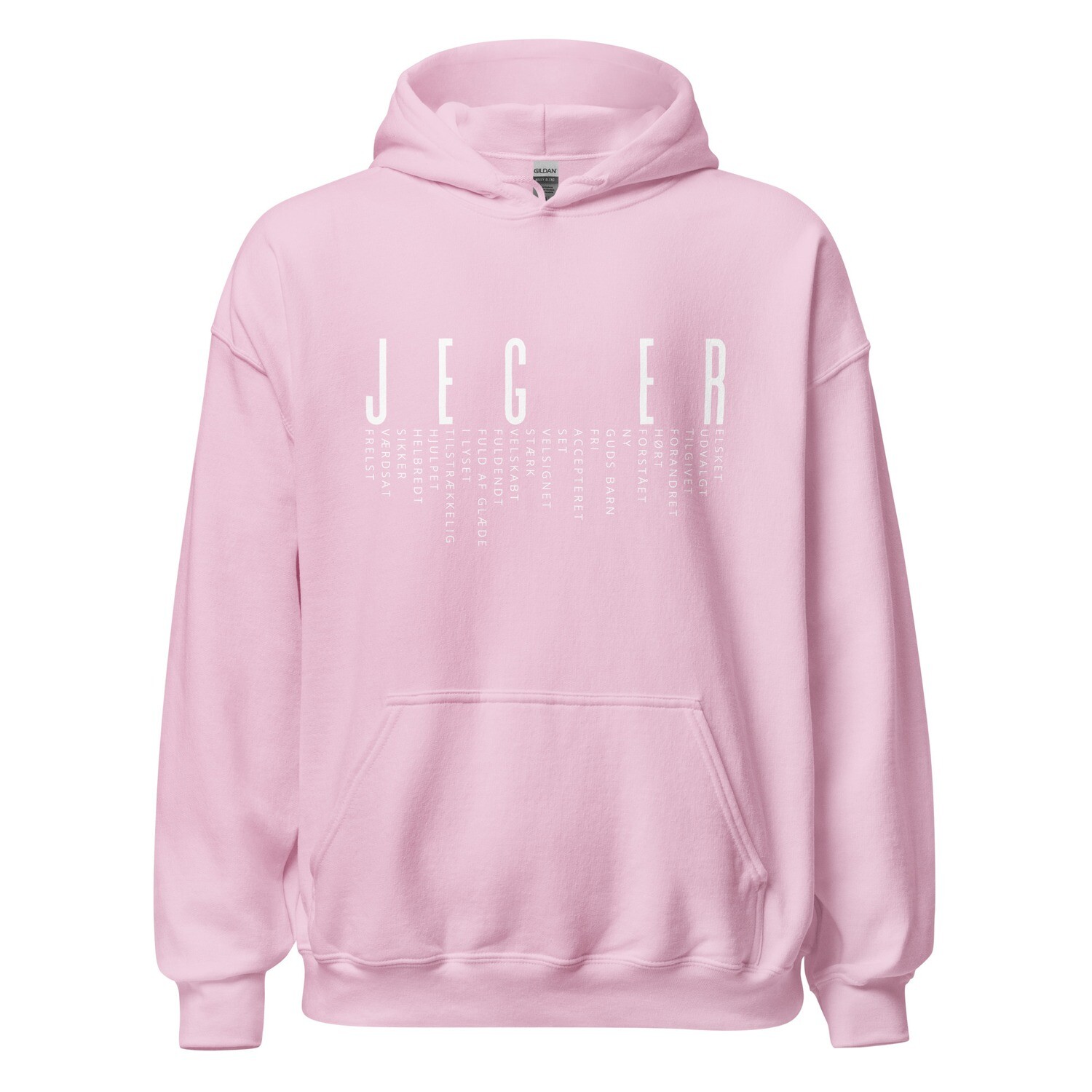 &quot;Jeg er&quot; hoodie (hvid tekst, flere farver)