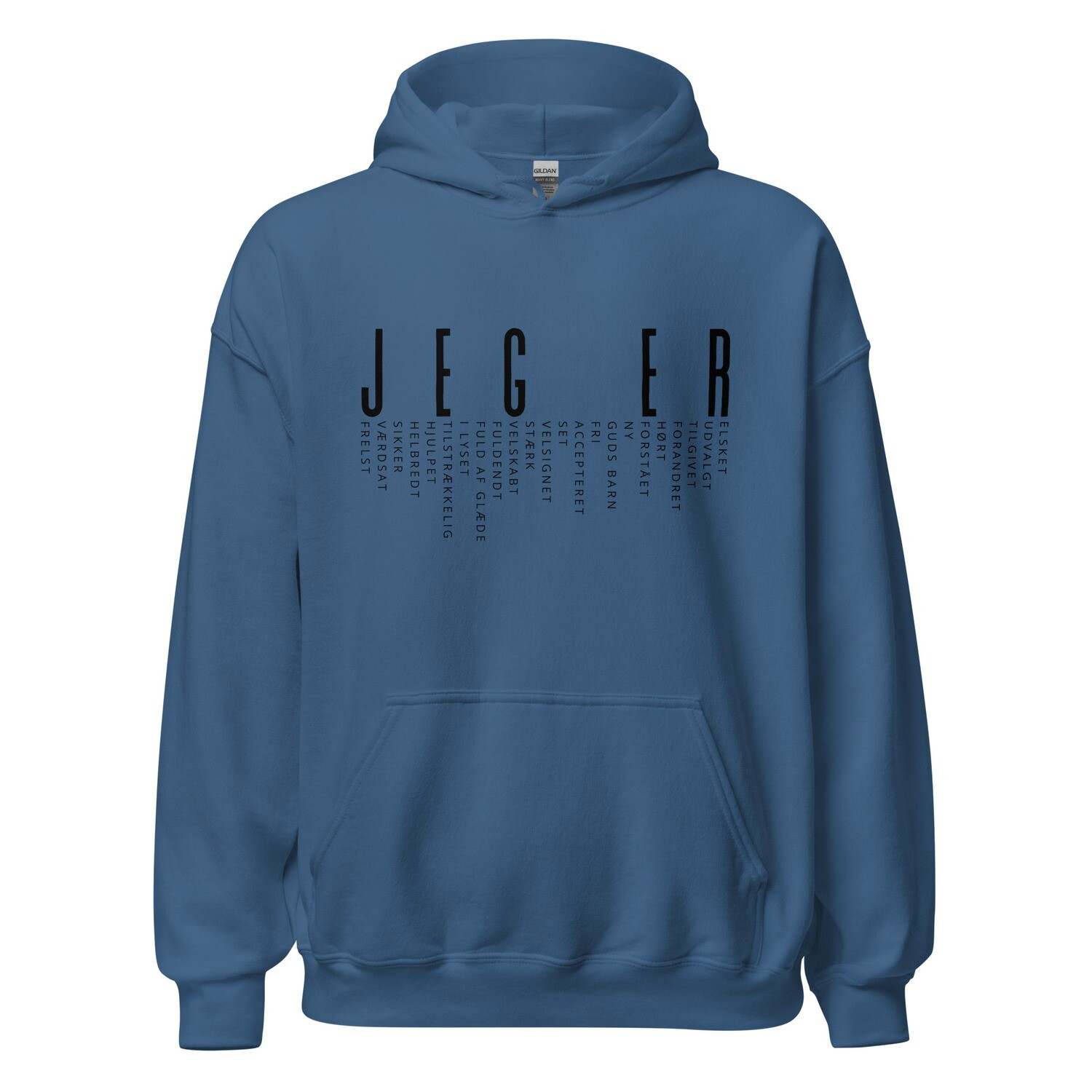 &quot;Jeg er&quot; hoodie (sort tekst, flere farver)