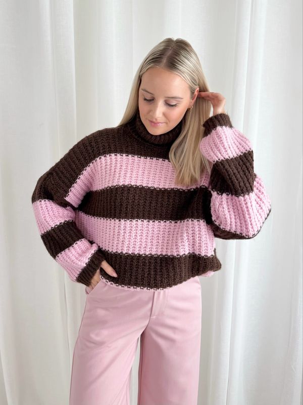 STRIPE COL SWEARER PINK/BROWN
