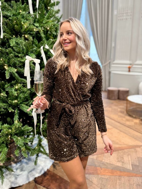 VELVET GLITTER PLAYSUIT BROWN