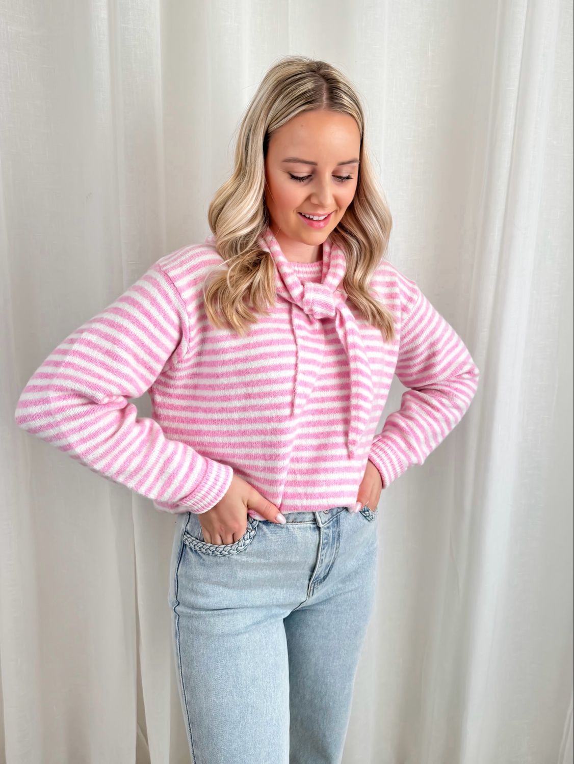 PINK STRIPE SWEATER WITH SCARF