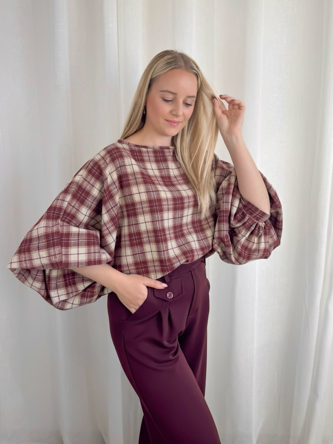 LIANNA CHECKED BLOUSE BURGUNDY