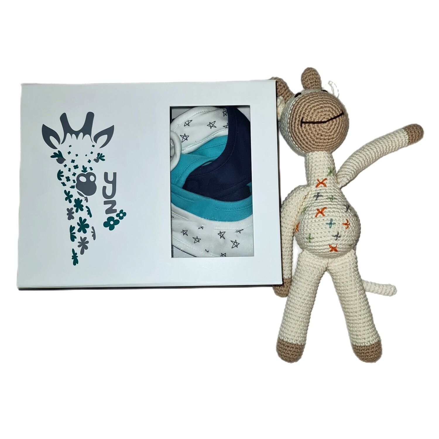 Gift box + Bib set +  Hand Crocheted Toy Giraffe