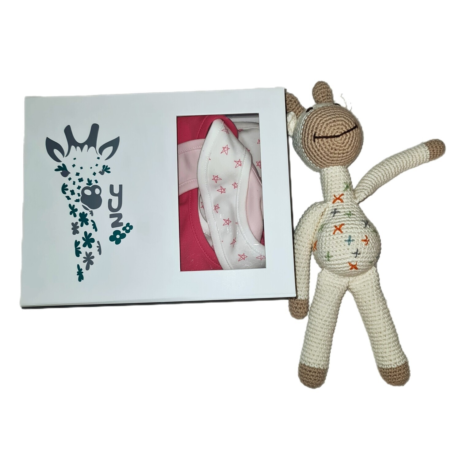 Gift box + Bib set +  Hand Crocheted Toy Giraffe