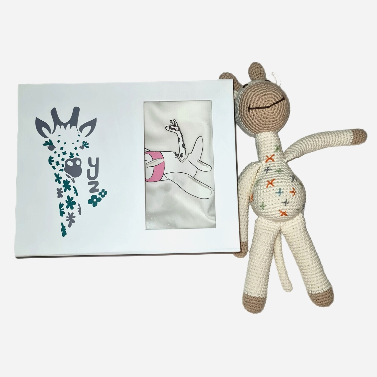 Gift box + Organic baby onesie + Hand Crocheted Toy Giraffe