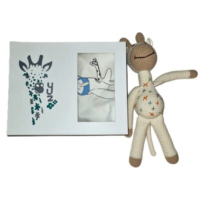 Gift box + Organic baby onesie + Hand Crocheted Toy Giraffe