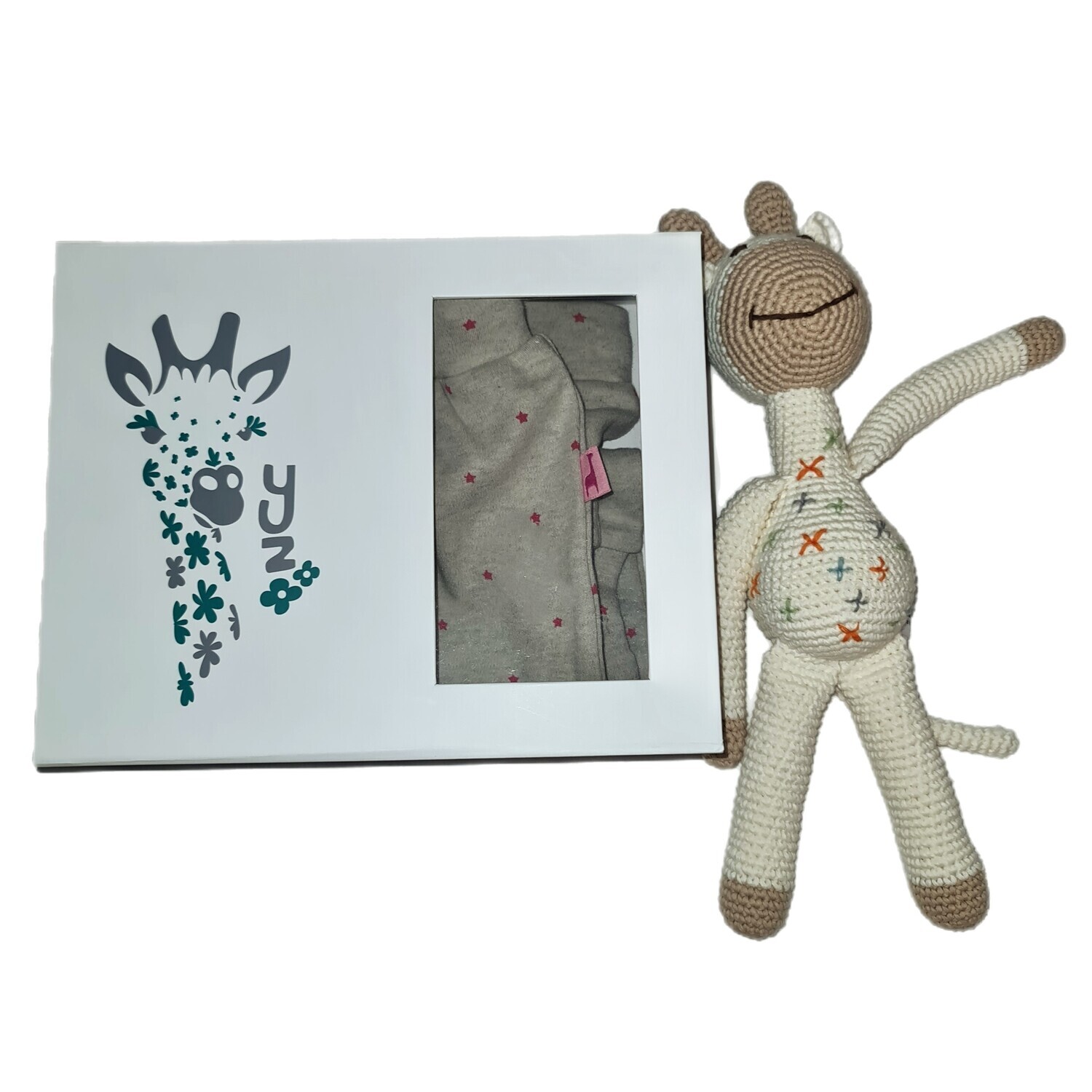 Gift box + Organic Jogger pants + Hand Crocheted Toy Giraffe