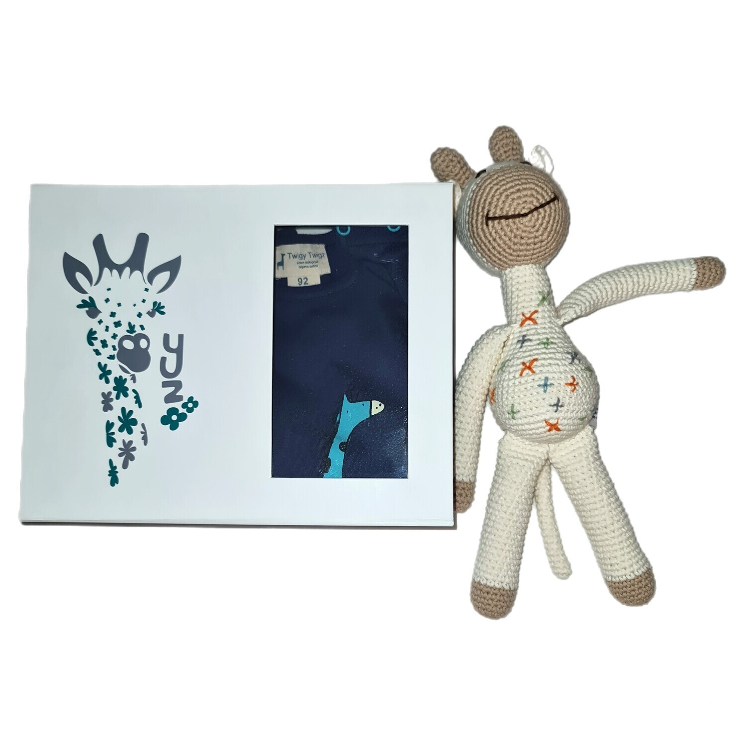 Gift box + Organic Romper + Hand Crocheted Toy Giraffe
