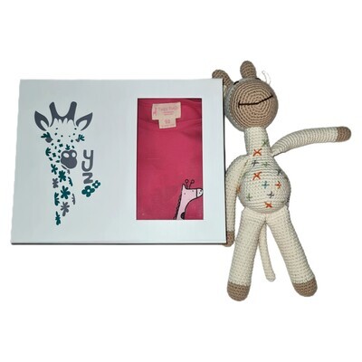 Gift box + Organic Romper + Hand Crocheted Toy Giraffe