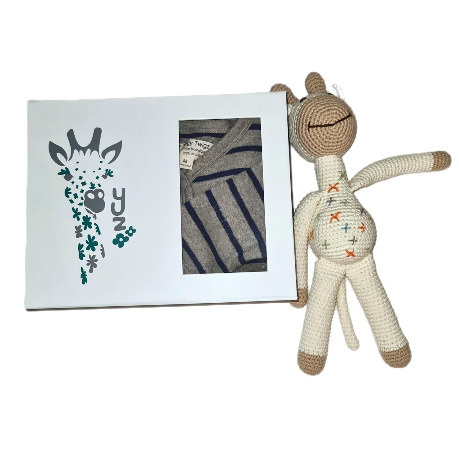 Gift box + Organic Striped All in One + Hand Crocheted Toy Giraffe