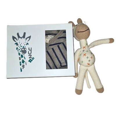 Gift box + Organic Striped All in One + Hand Crocheted Toy Giraffe