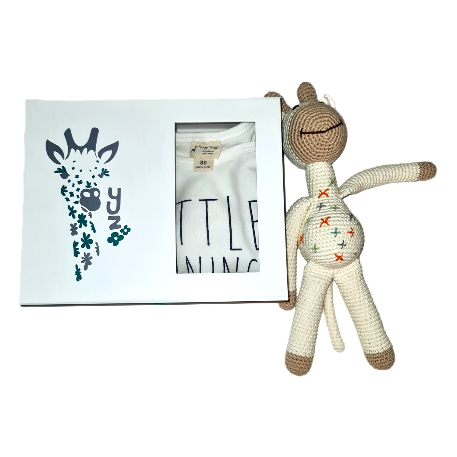 Gift box + T-shirt + Hand Crocheted Toy Giraffe