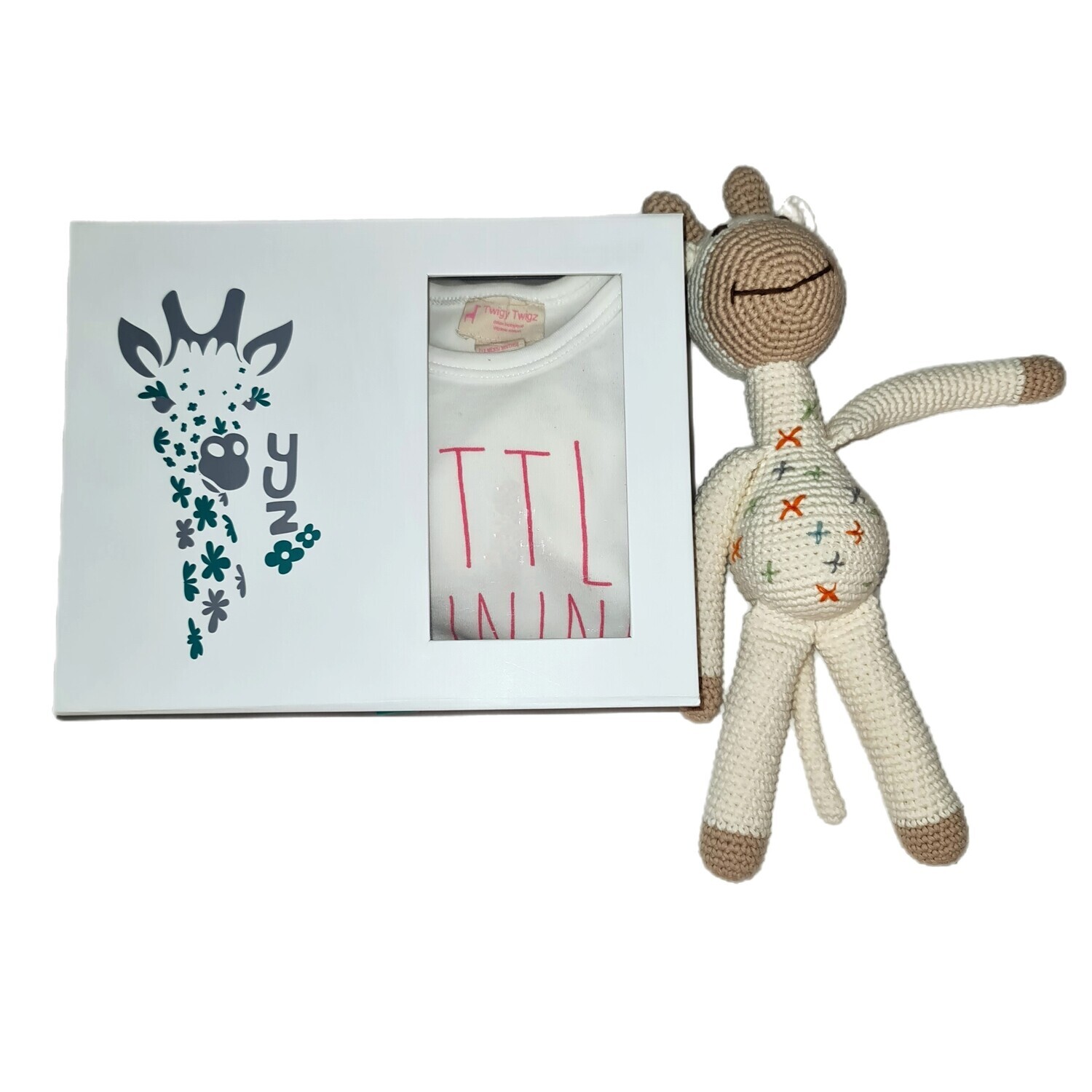 Gift box + T-shirt + Hand Crocheted Toy Giraffe