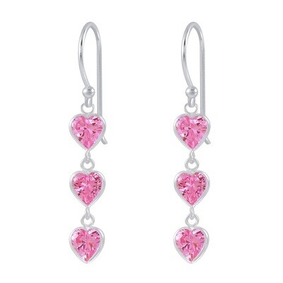 Silver Heart Cubic Zirconia Dangle Earrings - Pink