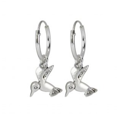 Silver Humming Bird Charm Hoop Earrings