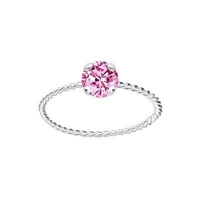 Silver Twisted Band Solitaire Ring - Pink