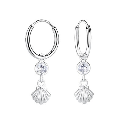 Silver Shell with Cubic Zirconia Charm Hoop Earrings