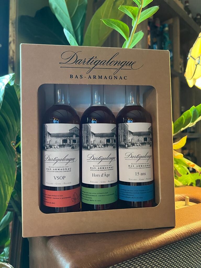 Coffret découverte Bas-Armagnac Dartigalongue VSOP, Hors d&#39;Age et 15 ans en format 3x20cl