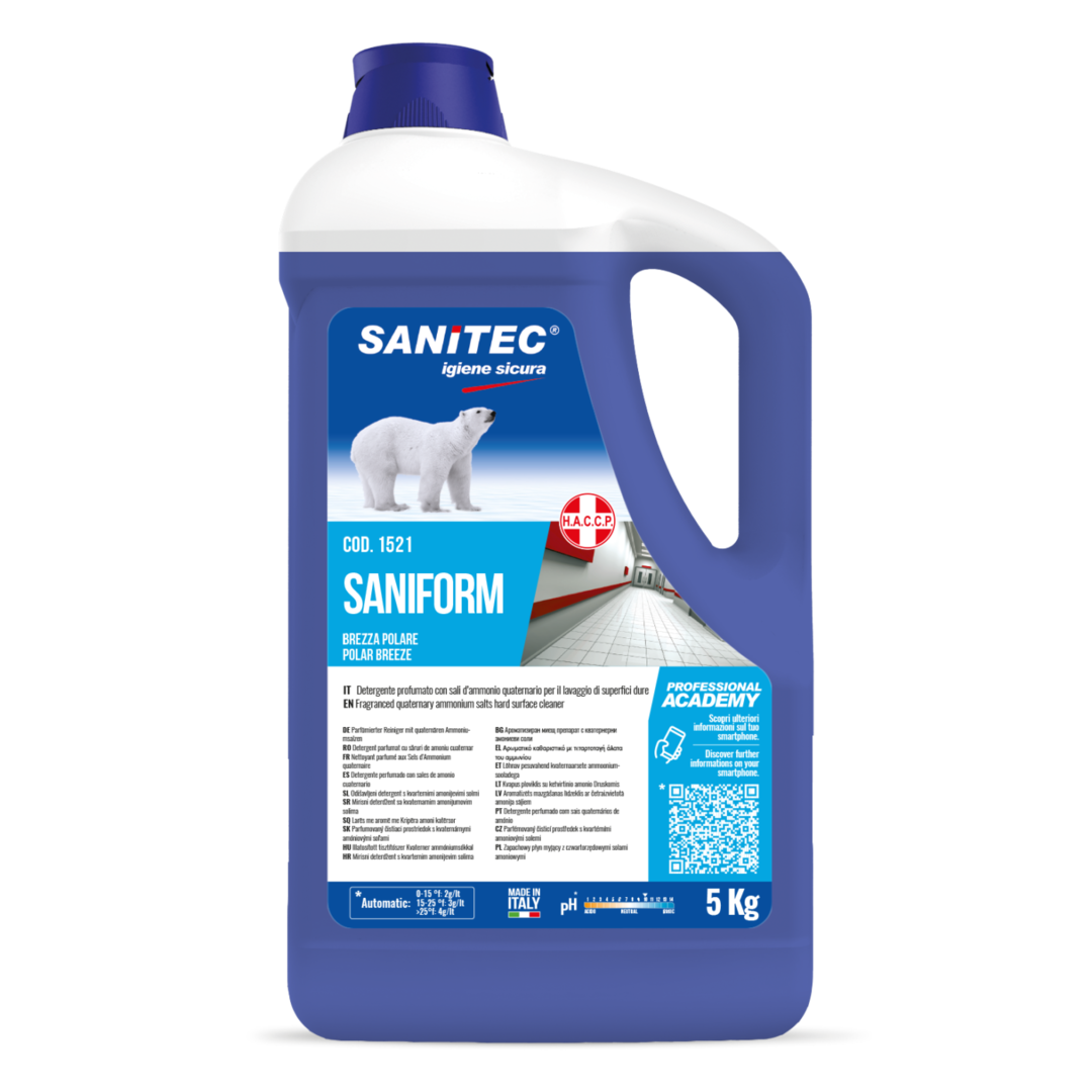 SANIFORM-5L Detergente sanificante profumato con Sali d'ammonio quaternario per il lavaggio di superfici dure per pavimenti  H.A.C.C.P.