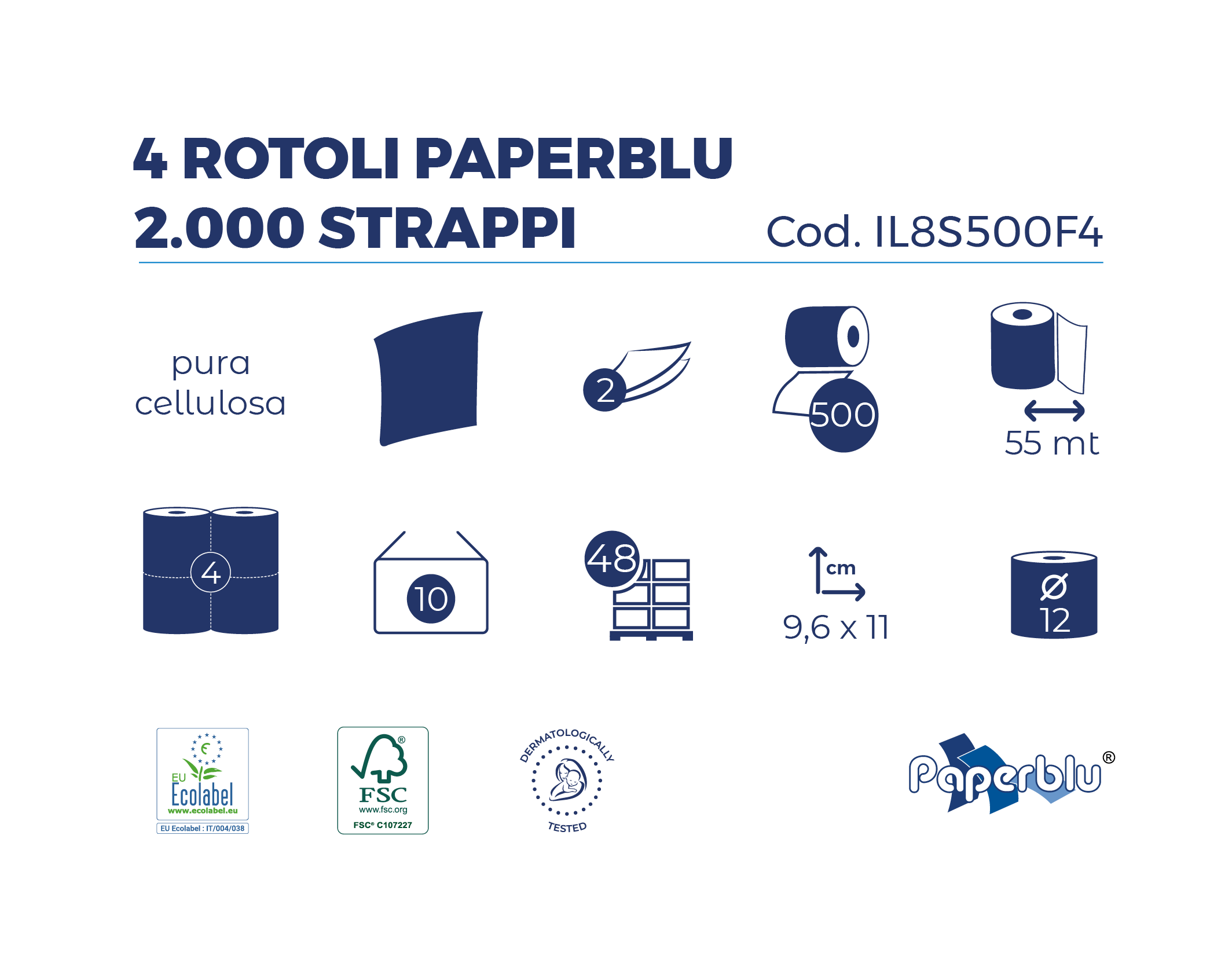 PAPERBLU - carta igienica 4 rotoli 2 veli 2000 strappi - 40 rotoli