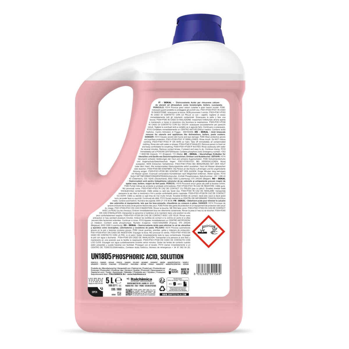 DEKAL 5L  Disincrostante Acido per rimuovere calcare da utensili ed attrezzature come lavastoviglie, boilers, cuocipasta