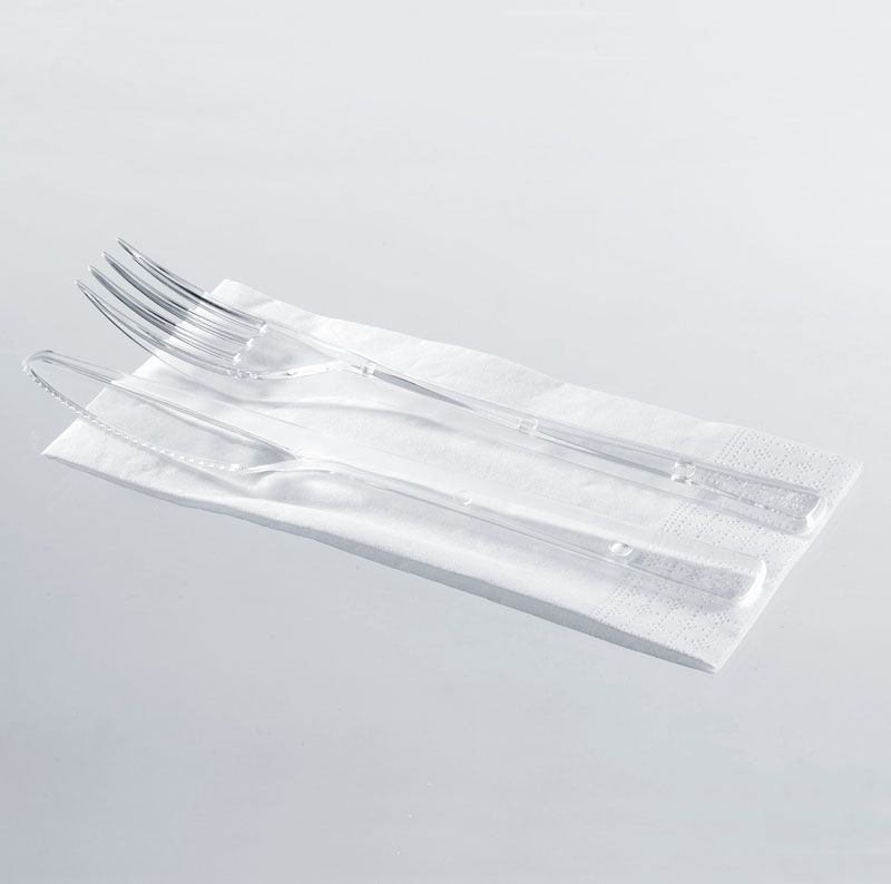 SET BIS - FORCHETTA E COLTELLO TRASPARENTI SUPER E TOVAGLIOLO IMBUSTATI 500 PEZZI