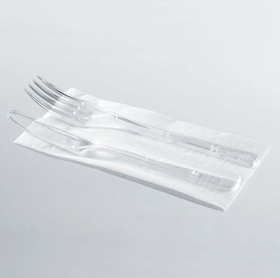 SET BIS - FORCHETTA E COLTELLO TRASPARENTI SUPER E TOVAGLIOLO IMBUSTATI 500 PEZZI