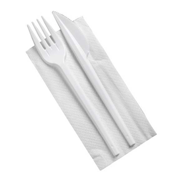 SET BIS - FORCHETTA E COLTELLO BIANCHI E TOVAGLIOLO IMBUSTATI 500 PEZZI