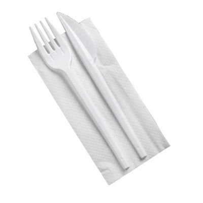 SET BIS - FORCHETTA E COLTELLO BIANCHI E TOVAGLIOLO IMBUSTATI 500 PEZZI