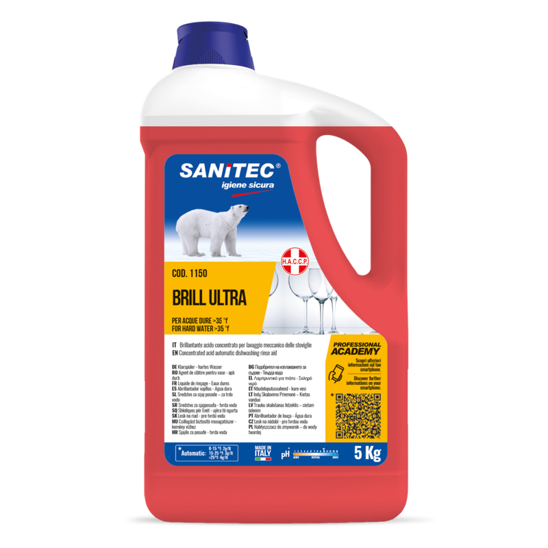 Brillantante acido concentrato per lavastoviglie Brill Ultra per acque dure 5 Kg