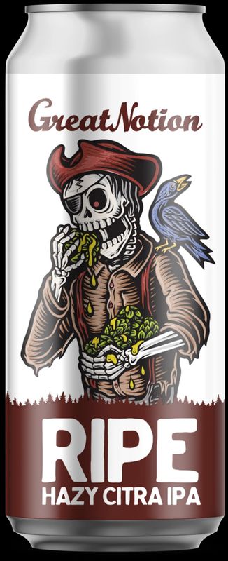 Canned beer with artwork on it showing a skeletal of a pirate eating hops and a crow on his shoulder