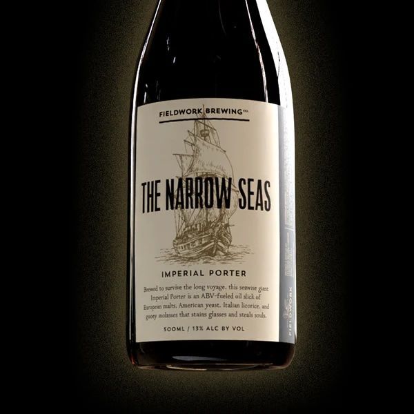 Glass Bottle of Beer with writing on it that reads The Narrow Seas