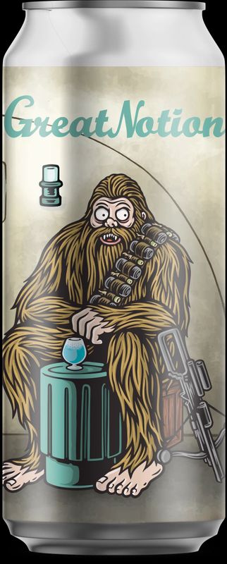 Art on a beer can. A historic human sitting down with a blue glass on a table 